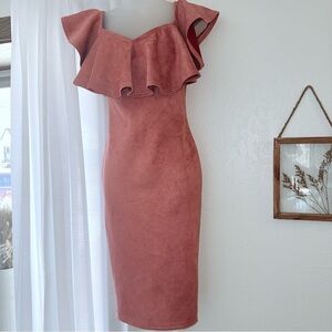 Pink Ruffled Sweetheart Bodycon Midi Dress Suede A’Gaci Size L cocktail Formal